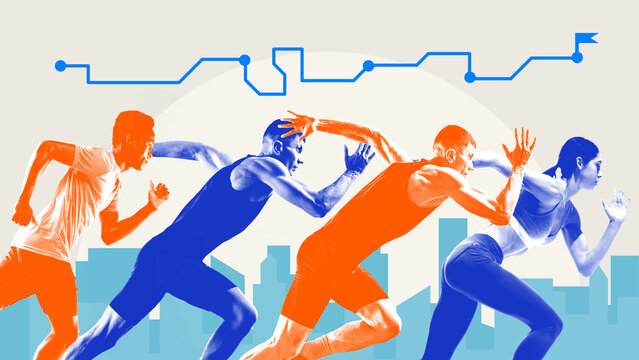 Group of runners charging toward a goal, mapped route above reflecting strategy, direction and collective determination. Event posters, social media for sports brands, marathon organizations