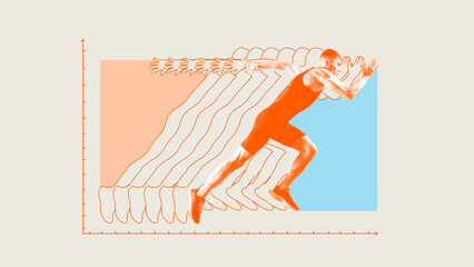 Runner bursts forward through time and data, echoing every step as momentum, drive, and infinite repetition. Signature of perseverance on the axis of purpose. Fitness data visualization in media