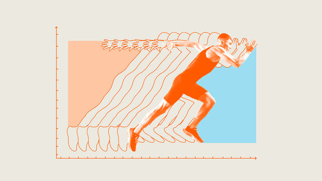 Runner bursts forward through time and data, echoing every step as momentum, drive, and infinite repetition. Signature of perseverance on the axis of purpose. Fitness data visualization in media