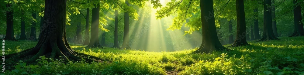 Poster sunlight dapples the forest floor, illuminating a tranquil scene of lush green trees and dappled sha