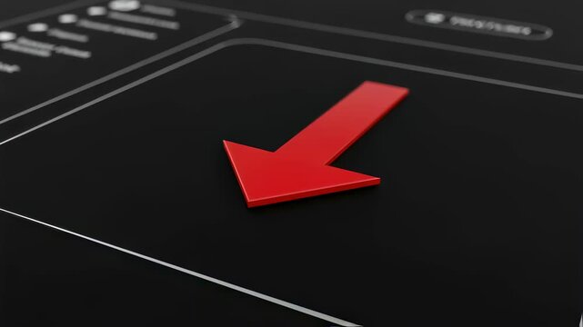 Red arrow indicating downward movement on a black surface, an abstract representation of decline or loss, footage.