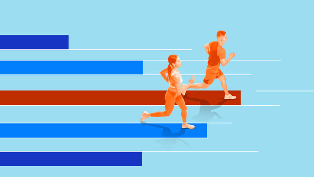 Two runners dash along bar graphs, merging athleticism with digital stats in a race of insight and strength. Race transcends data. Move through meaning, not numbers