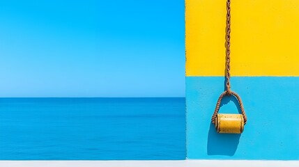 A yellow and blue wall with a rusty chain and a yellow cylindrical object hanging against a calm blue sea