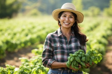 Thai female farmer vegetable produce person.