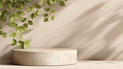 High-quality stock image of beige rock podium for product display sits on light beige surface. Natural light casts soft shadows on fuzzy beige background. Natural green leaves add touch.