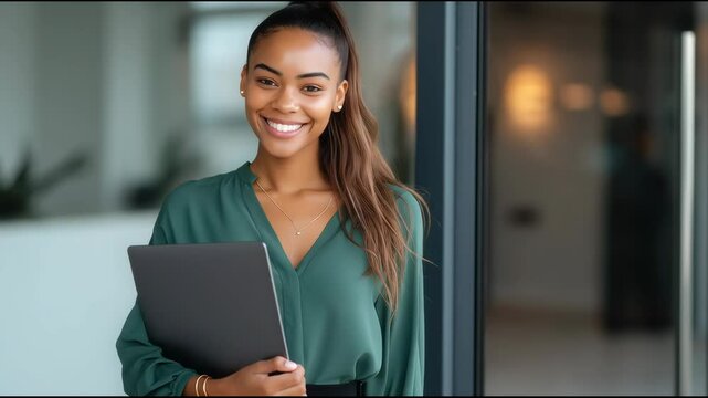African American woman wearing a green blouse and black skirt, smiling while holding her laptop in her hand with an office background, standing near a glass door