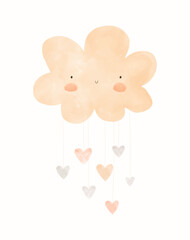 Fluffy Smiling Cloud And Rain Of Hearts on a White Background. Simple Nursery Art In Gender Neutral Colors. Cute Simple Baby Shower Vector Card For Baby Girl And Baby Boy.