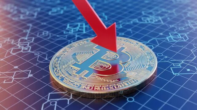 Red arrow striking a golden bitcoin coin, representing a decline in cryptocurrency value on a digital grid, financial crisis footage.