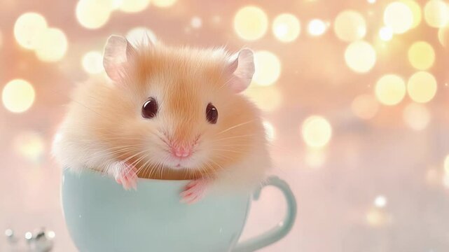 Cute hamster in teacup against warm bokeh background