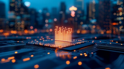 A glowing digital circuit board displays data streams, symbolizing technological innovation and data processing in a futuristic city backdrop