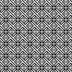 Seamless abstract geometric black and white pattern with interlocking lines and diagonal stripe elements.