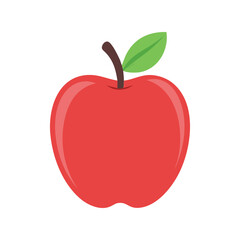 Shiny Red Apple Fruit with Green Leaf Simple Vector Illustration