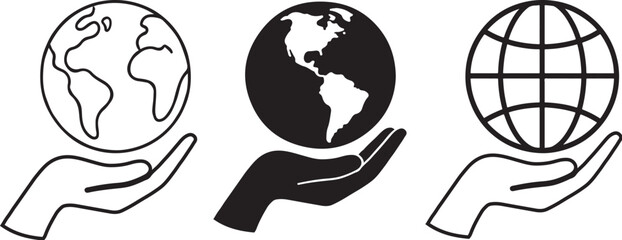 Three variations of hands holding the earth globe icon