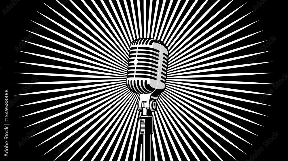 Poster classic microphone design with radiating lines for podcast visualization and audio discussion themes