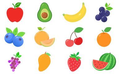 Fresh fruit variety flat vector set – juicy icons for recipe books, kids’ learning, and healthy food branding

