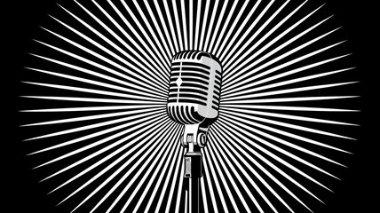 Classic microphone design with radiating lines for podcast visualization and audio discussion themes