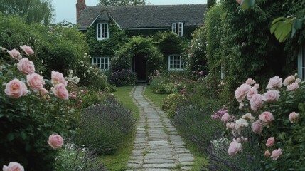 Charming cottage garden path lined with roses and lavender