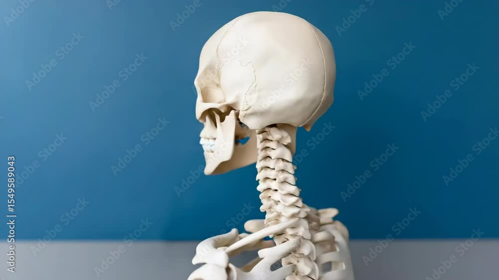 Poster a skeleton is sitting on a table. the skeleton is missing its head and is missing its arms