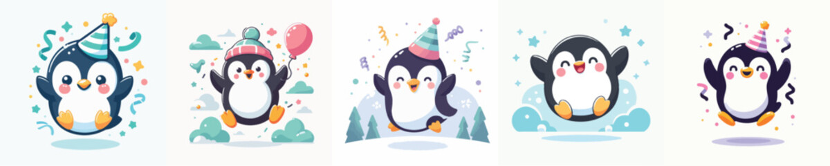 cute penguin vector jumping celebration