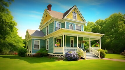 Victorian House with Yellow Gable and Lush Green Lawn on a Sunny Day