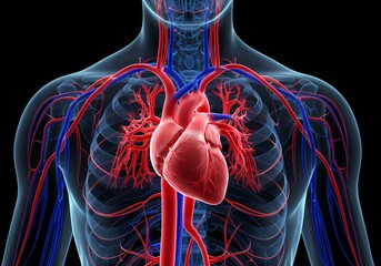 Human heart anatomy medical illustration showing circulatory system blood vessels and arteries health care