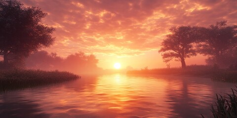Obraz premium Sunset with reflection on water surface, scenic view of nature, tranquil atmosphere.