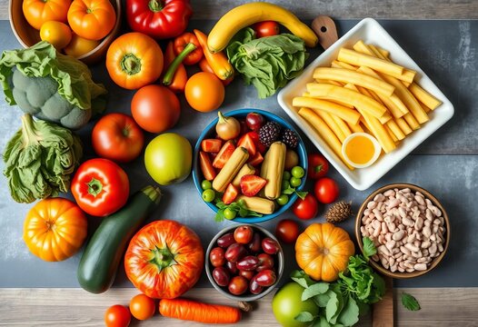 Flatlay of colorful fruits, vegetables, and healthy meals on a kitchen table,  record,  vegetables - Powered by Adobe