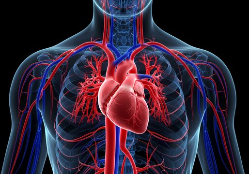 Human heart anatomy medical illustration showing circulatory system blood vessels and arteries health care