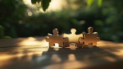 Golden puzzle pieces, sunlight, wooden surface, lush greenery