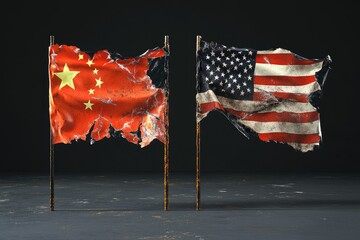 Ripped flags of China and USA