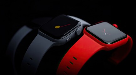 Two smartwatches, one gray, one red, in close proximity, presented against a dark background