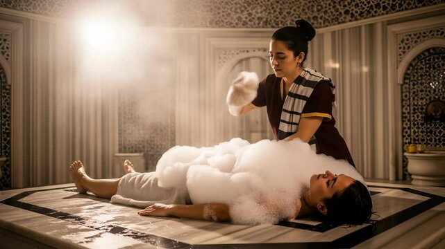 A woman on a marble slab receiving a traditional turkish hammam treatment with bubbles from another woman, footage.