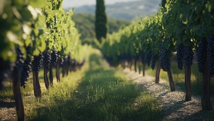 Sun-drenched vineyard rows stretch into the distance, laden with dark grapes