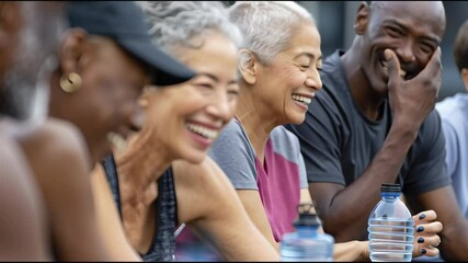 A group of middle-aged people enjoying outdoor activities, smiling and chatting after their workout in the park. - Powered by Adobe