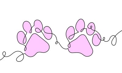 Cute Pink Paw Prints in One Line Drawing Style