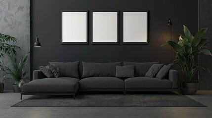 Fototapeta premium Dark living room with modern sectional sofa and plants.