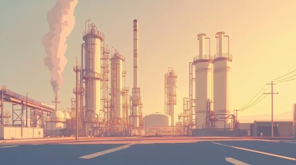 Fototapeta premium Atmospheric Industrial Landscape with Tall Factory Structures and Smokestacks Under a Soft Sunrise Sky in a Modern Illustrated Style