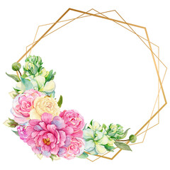 Watercolor flower with golden frame