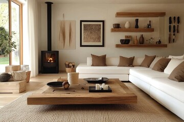 Modern, minimalist living room with wood accents
