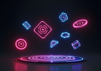 Abstract neon shapes glowing on platform background in modern design