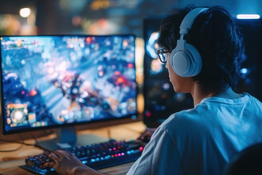 Attractive Asian male gamer enjoys playing online games on his computer feeling happy while live streaming a cyber tournament from home