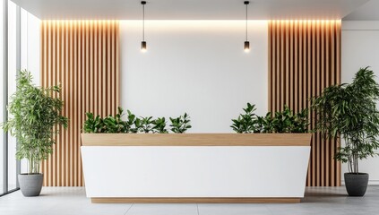Modern reception desk in a minimalist lobby, with light wood accents and greenery