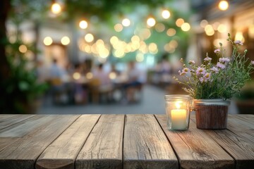 Wooden table with candle and flowers, out-of-focus cafe setting
