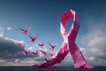 A giant pink origami ribbon unfolds into a flock of paper birds, symbolizing breast cancer awareness, freedom, and transformation.
