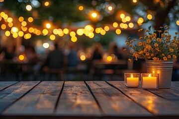 Rustic wooden table outdoors at night, with blurred background of people dining.  Soft lighting from string lights