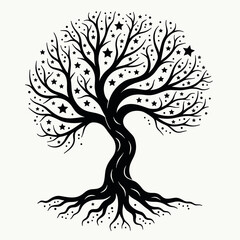 Obraz premium Stylized tree with stars and roots, symbolism of growth and connection