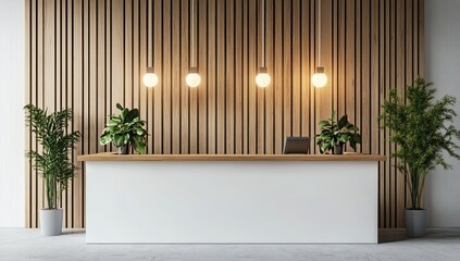 Modern reception desk in light wood & white