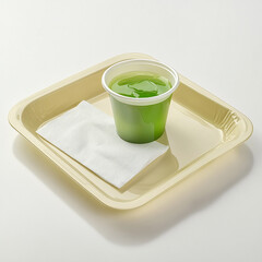 single-serving cup of green Jello sits on a beige hospital tray with a white napkin