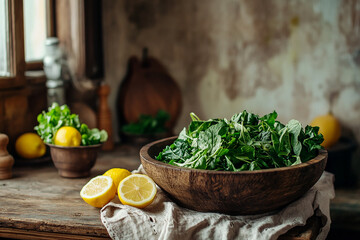 rustic kitchen scene featuring a wooden bowl filled with fresh leafy greens, surrounded by lemons and herbs on a weathered wooden table