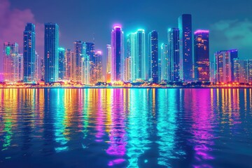 Vibrant cityscape at twilight, reflected in the water.  Colorful lights illuminate the modern skyscrapers, creating a captivating urban scene